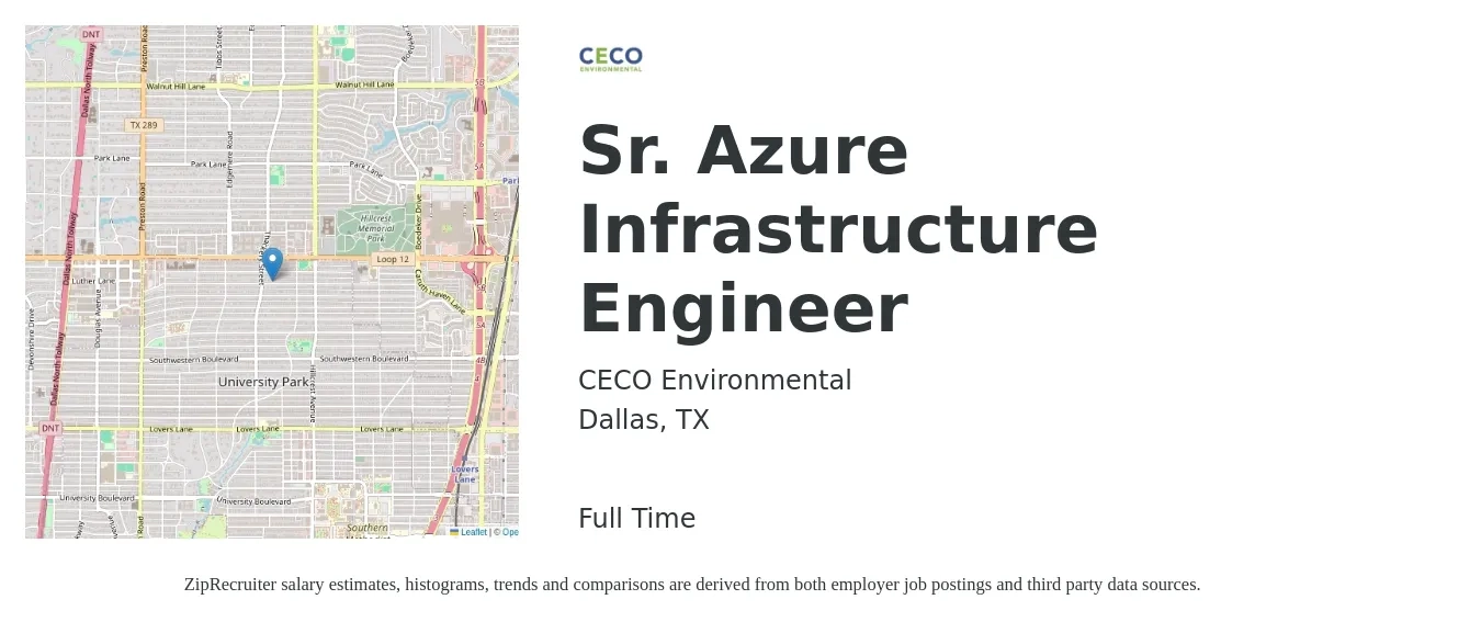 CECO Environmental job posting for a Sr. Azure Infrastructure Engineer in Dallas, TX with a salary of $105,300 to $143,100 Yearly with a map of Dallas location.