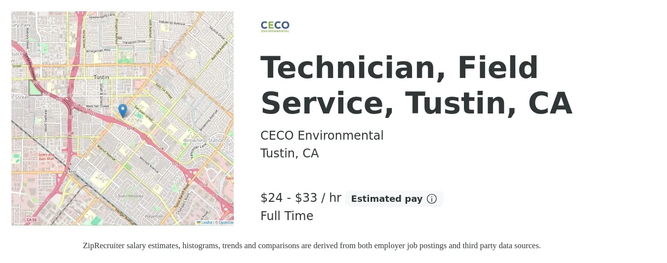 CECO Environmental job posting for a Technician, Field Service, Tustin, CA in Tustin, CA with a salary of $25 to $35 Hourly with a map of Tustin location.