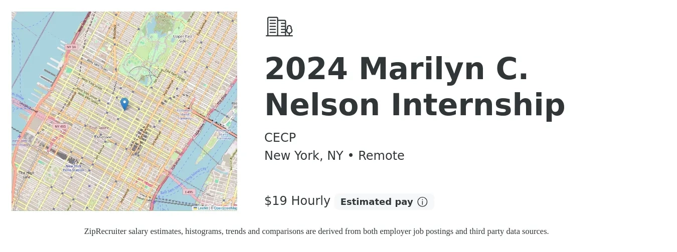 CECP job posting for a 2024 Marilyn C. Nelson Internship in New York, NY with a salary of $20 Hourly with a map of New York location.