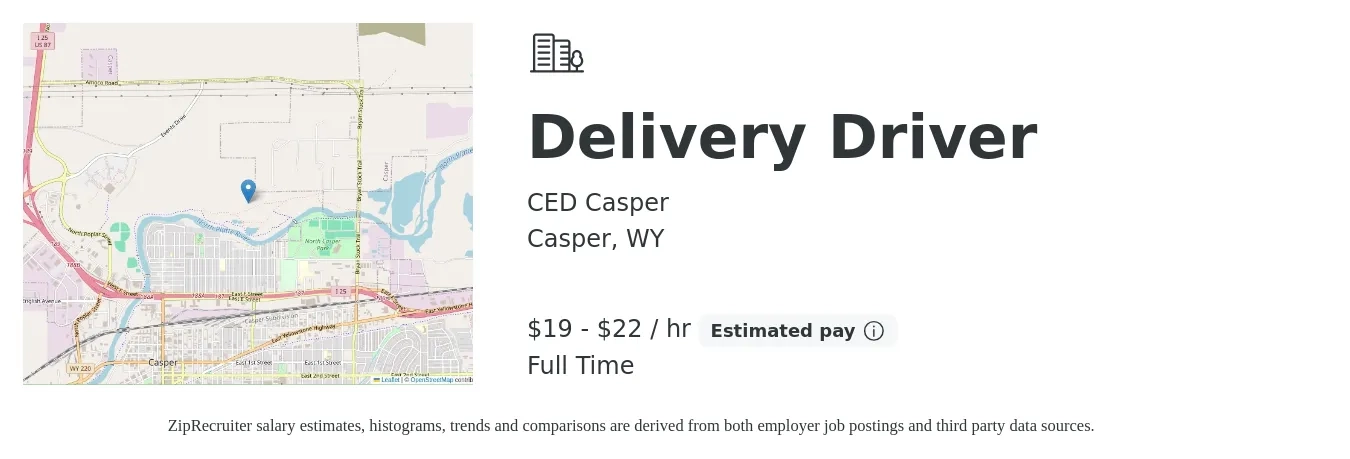 CED Casper job posting for a Delivery Driver in Casper, WY with a salary of $20 to $23 Hourly with a map of Casper location.