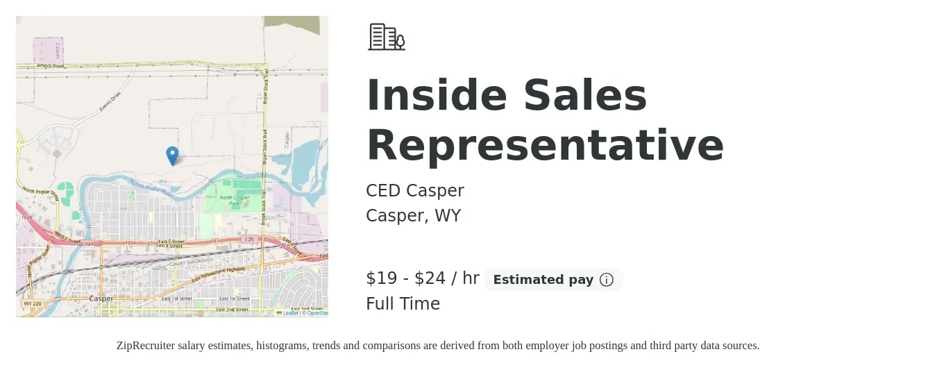 CED Casper job posting for a Inside Sales Representative in Casper, WY with a salary of $20 to $25 Hourly with a map of Casper location.