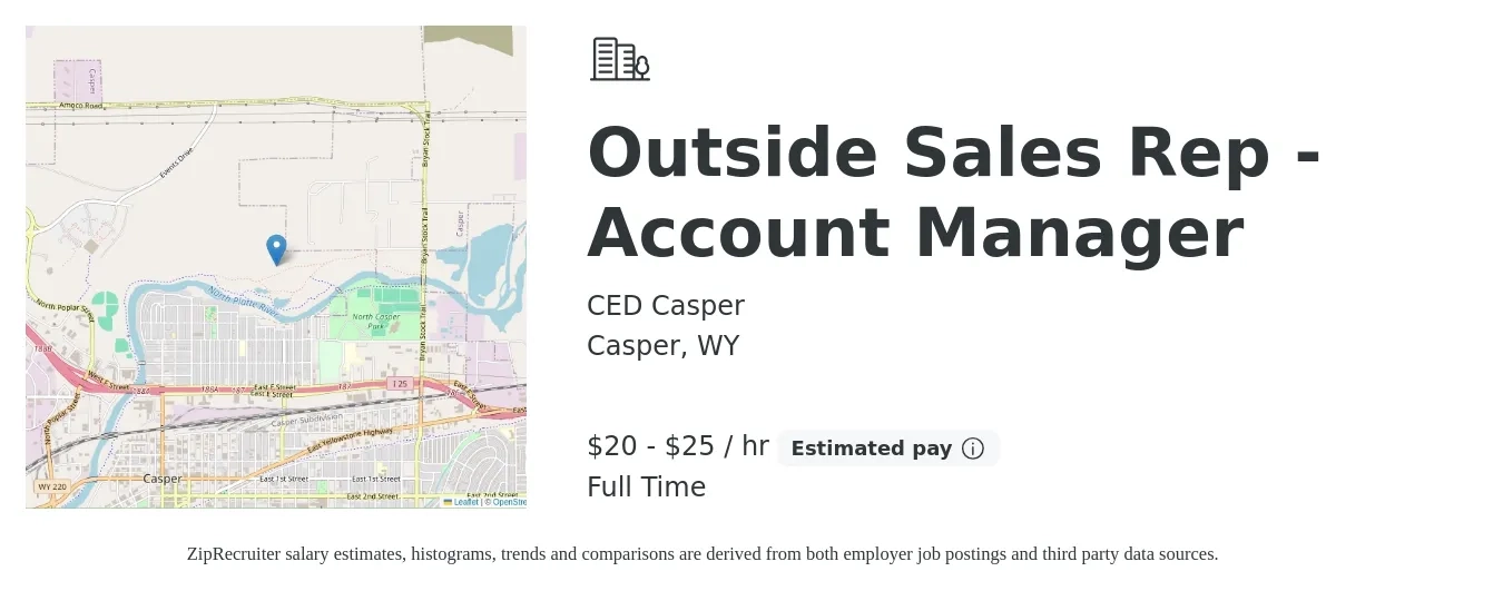 CED Casper job posting for a Outside Sales Rep - Account Manager in Casper, WY with a salary of $21 to $27 Hourly with a map of Casper location.