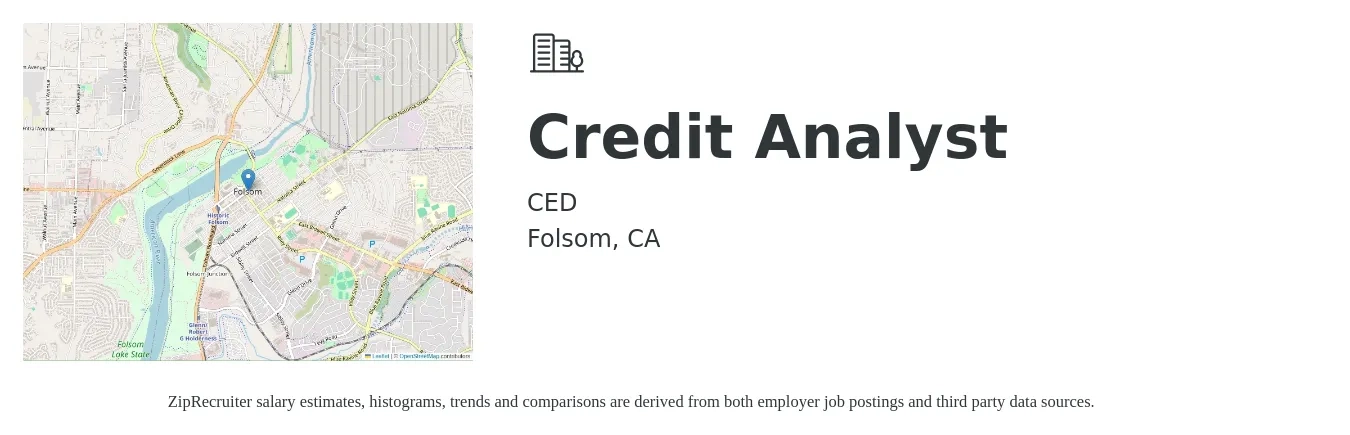 CED job posting for a Credit Analyst in Folsom, CA with a salary of $50,000 to $65,000 Yearly and benefits including vision, dental, life_insurance, medical, and retirement with a map of Folsom location.
