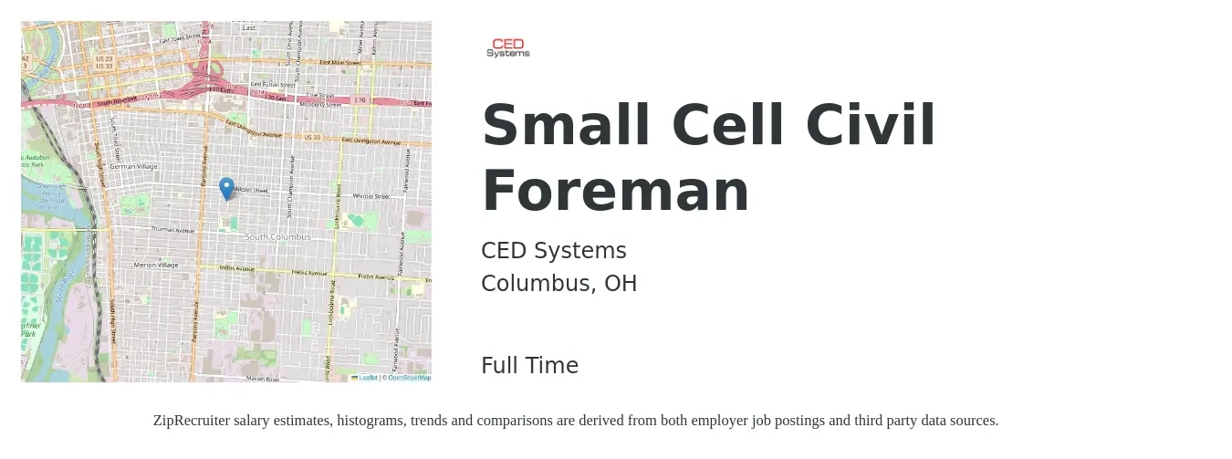 CED Systems job posting for a Small Cell Civil Foreman in Columbus, OH with a salary of $23 to $32 Hourly with a map of Columbus location.