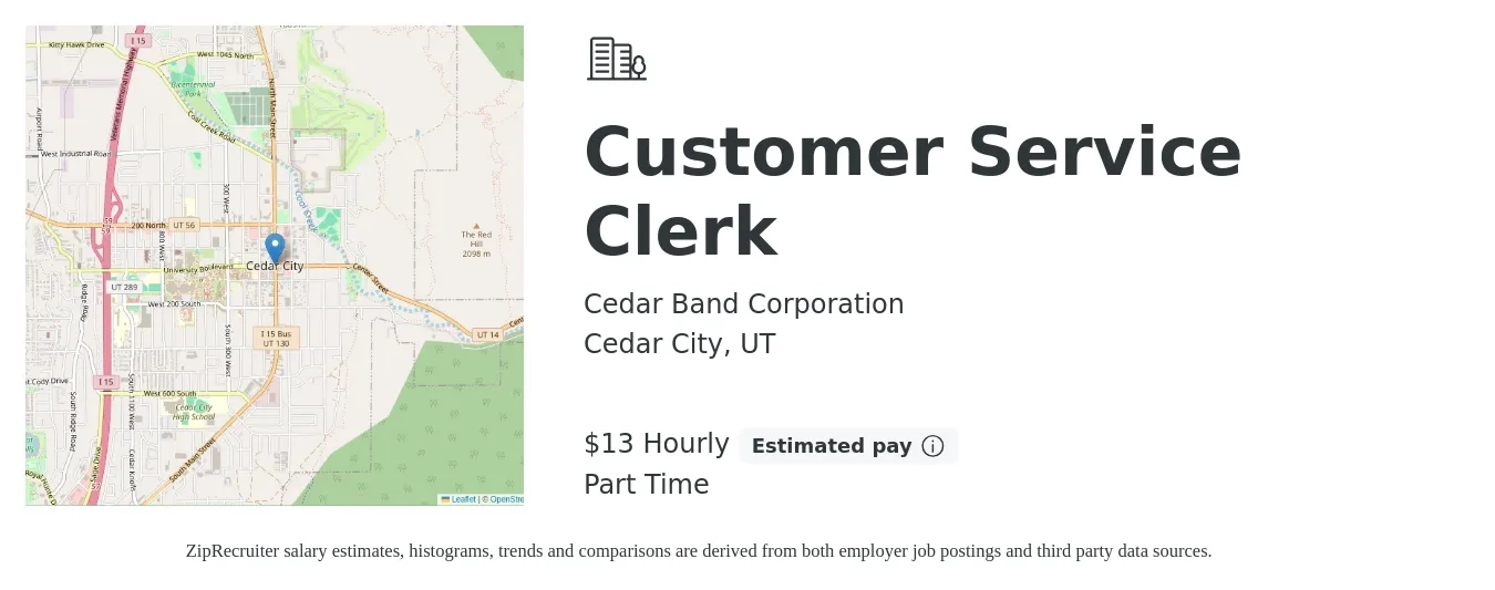 Cedar Band Corporation job posting for a Customer Service Clerk in Cedar City, UT with a salary of $14 Hourly with a map of Cedar City location.