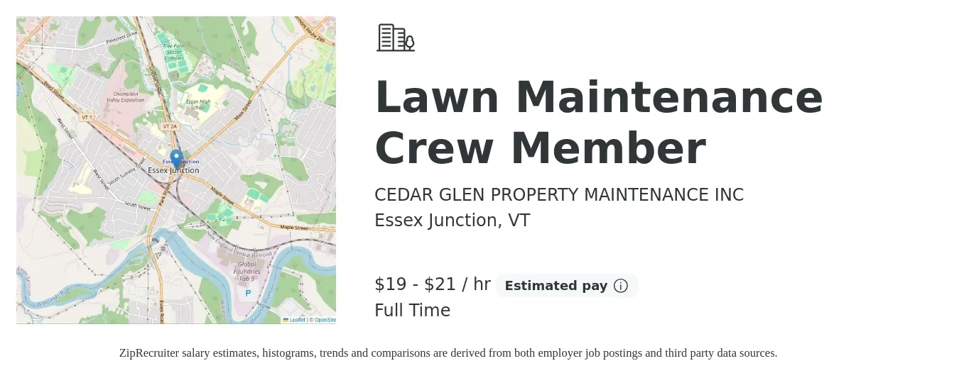 CEDAR GLEN PROPERTY MAINTENANCE INC job posting for a Lawn Crew Leaders and Crew Members in Burlington, VT with a salary of $20 to $25 Hourly with a map of Burlington location.