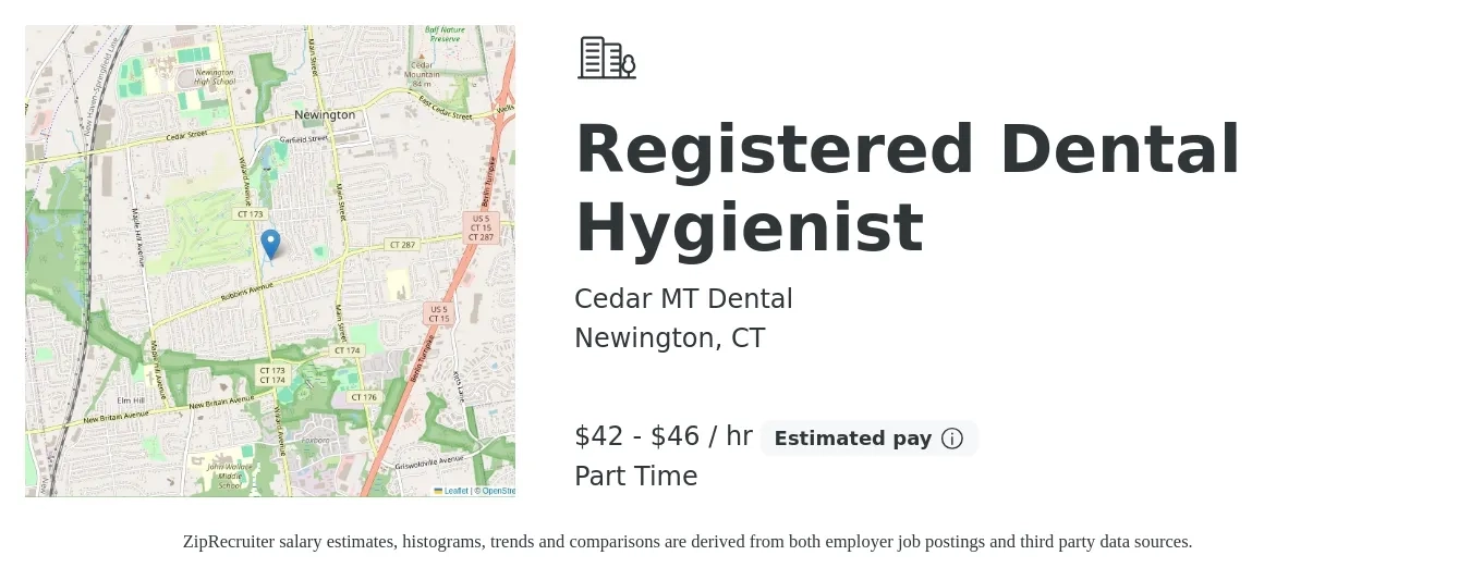 Cedar MT Dental job posting for a Registered Dental Hygienist in Newington, CT with a salary of $44 to $48 Hourly with a map of Newington location.