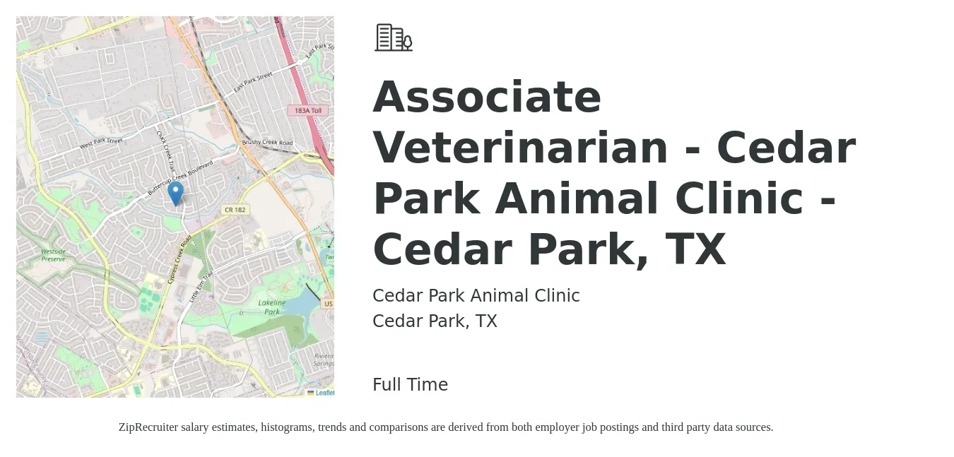 Cedar Park Animal Clinic job posting for a Associate Veterinarian - Cedar Park Animal Clinic - Cedar Park, TX in Cedar Park, TX with a salary of $96,400 to $155,600 Yearly with a map of Cedar Park location.