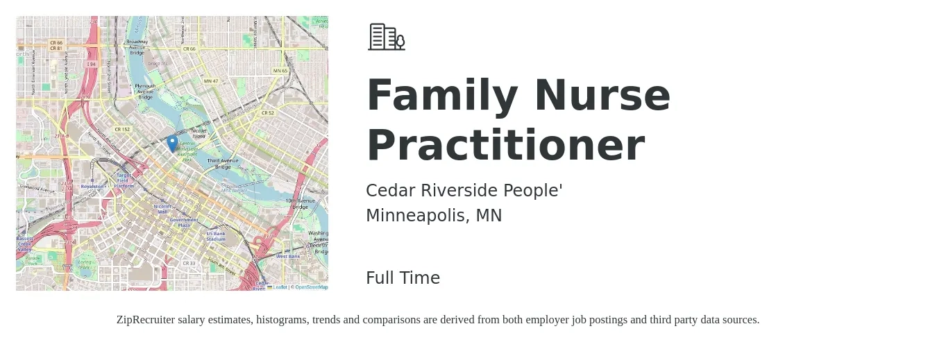 Cedar Riverside People' job posting for a Family Nurse Practitioner in Minneapolis, MN with a salary of $115,300 to $146,100 Yearly with a map of Minneapolis location.
