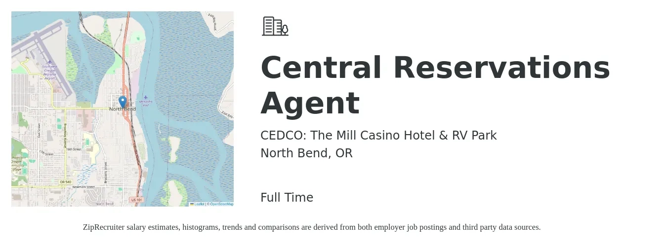 CEDCO: The Mill Casino Hotel & RV Park job posting for a Central Reservations Agent in North Bend, OR with a salary of $15 to $18 Hourly with a map of North Bend location.