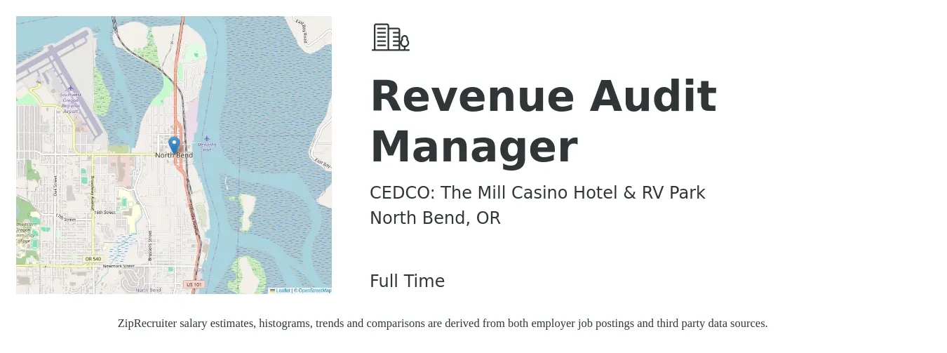 CEDCO: The Mill Casino Hotel & RV Park job posting for a Revenue Audit Manager in North Bend, OR with a salary of $65,900 to $99,800 Yearly with a map of North Bend location.
