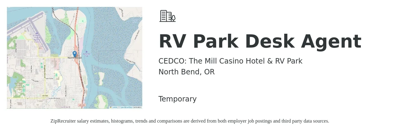CEDCO: The Mill Casino Hotel & RV Park job posting for a RV Park Desk Agent in North Bend, OR with a salary of $16 to $20 Hourly with a map of North Bend location.