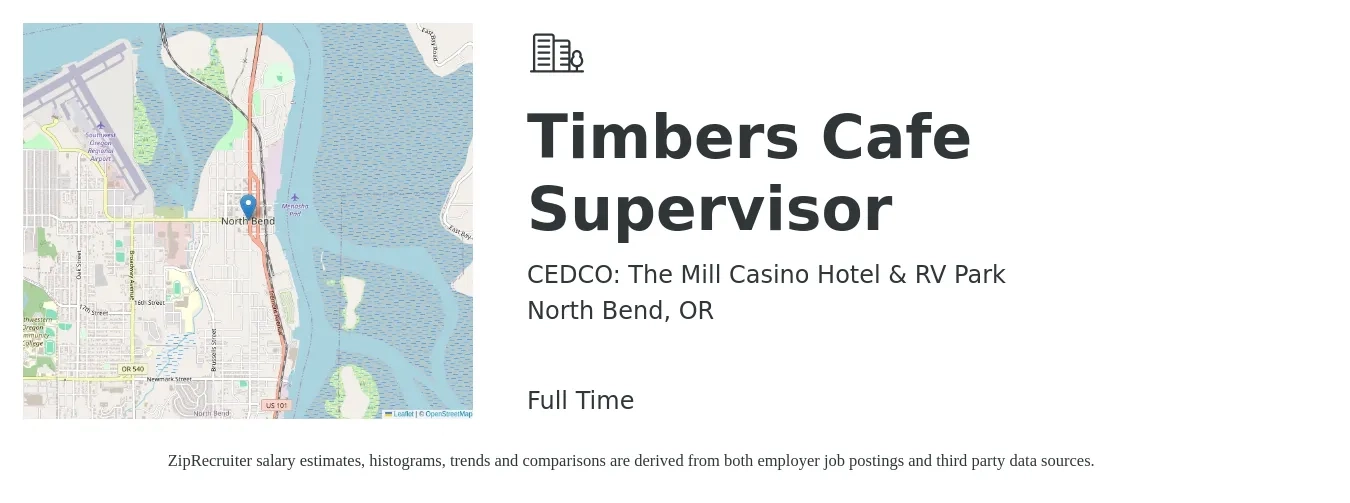 CEDCO: The Mill Casino Hotel & RV Park job posting for a Timbers Cafe Supervisor in North Bend, OR with a salary of $40,800 to $126,200 Yearly with a map of North Bend location.