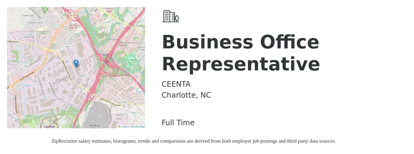 CEENTA job posting for a Business Office Representative in Charlotte, NC with a salary of $16 to $21 Hourly with a map of Charlotte location.
