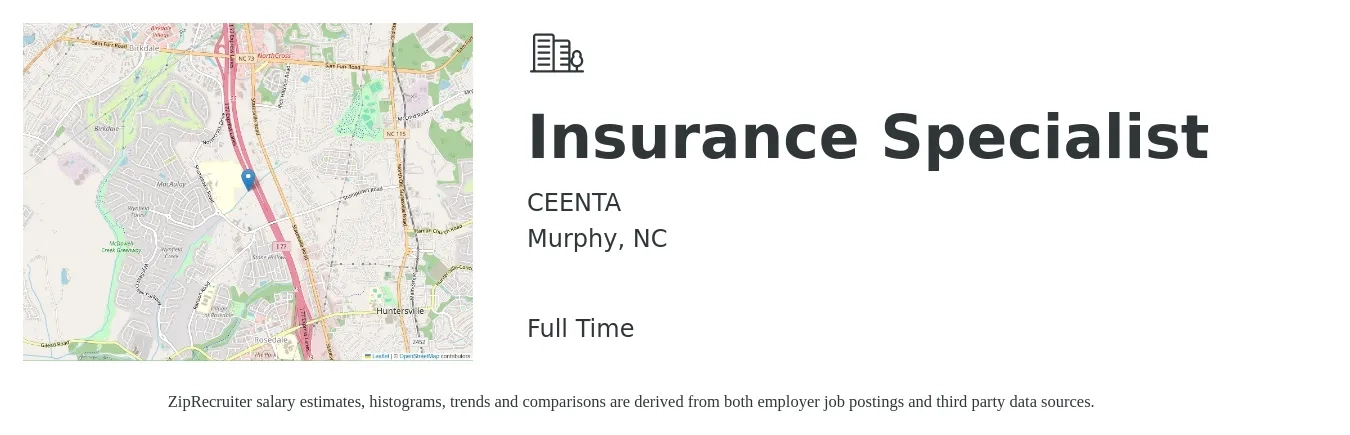 CEENTA job posting for a Insurance Specialist in Murphy, NC with a salary of $36,200 to $69,500 Yearly with a map of Murphy location.