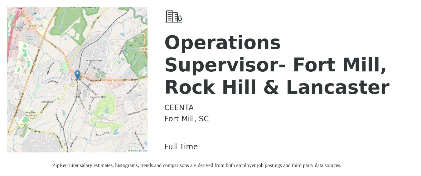 CEENTA job posting for a Operations Supervisor- Fort Mill, Rock Hill & Lancaster in Fort Mill, SC with a salary of $36,000 to $68,100 Yearly with a map of Fort Mill location.