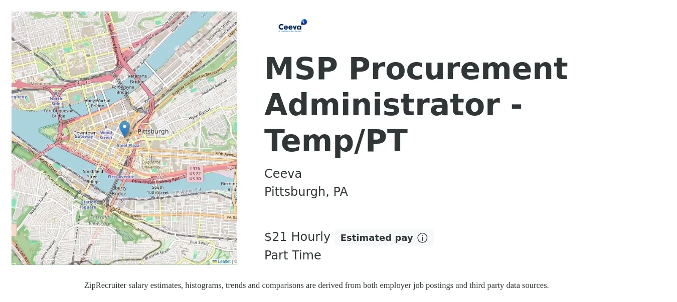 Ceeva job posting for a MSP Procurement Administrator - Temp/PT in Pittsburgh, PA with a salary of $22 Hourly with a map of Pittsburgh location.