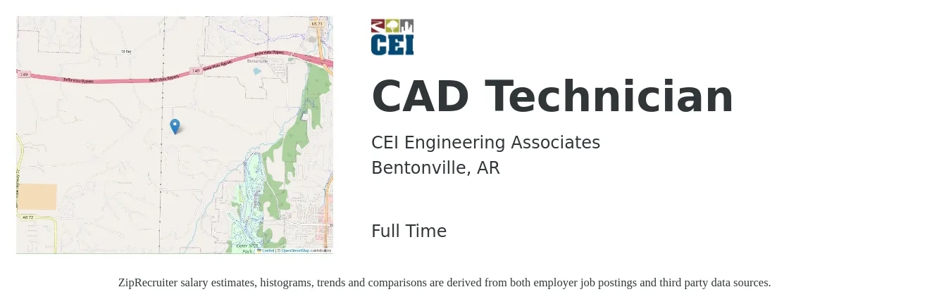 CEI Engineering Associates job posting for a CAD Technician in Bentonville, AR with a salary of $19 to $28 Hourly with a map of Bentonville location.