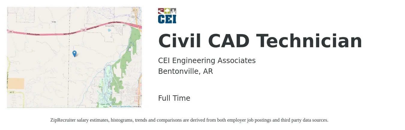 CEI Engineering Associates job posting for a Civil CAD Technician in Bentonville, AR with a salary of $19 to $28 Hourly with a map of Bentonville location.