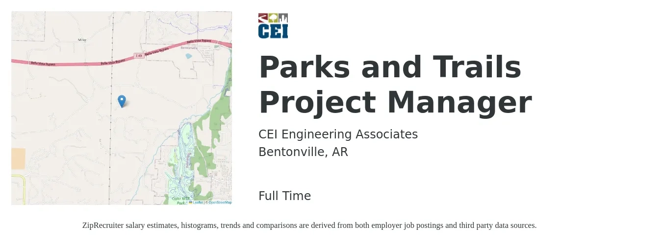 CEI Engineering Associates job posting for a Parks and Trails Project Manager in Bentonville, AR with a salary of $68,800 to $107,800 Yearly with a map of Bentonville location.