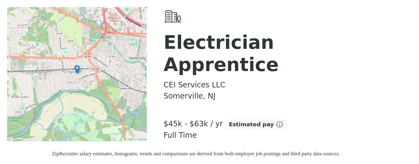 CEI Services LLC job posting for a Electrician Apprentice in Somerville, NJ with a salary of $45,000 to $63,000 Yearly with a map of Somerville location.