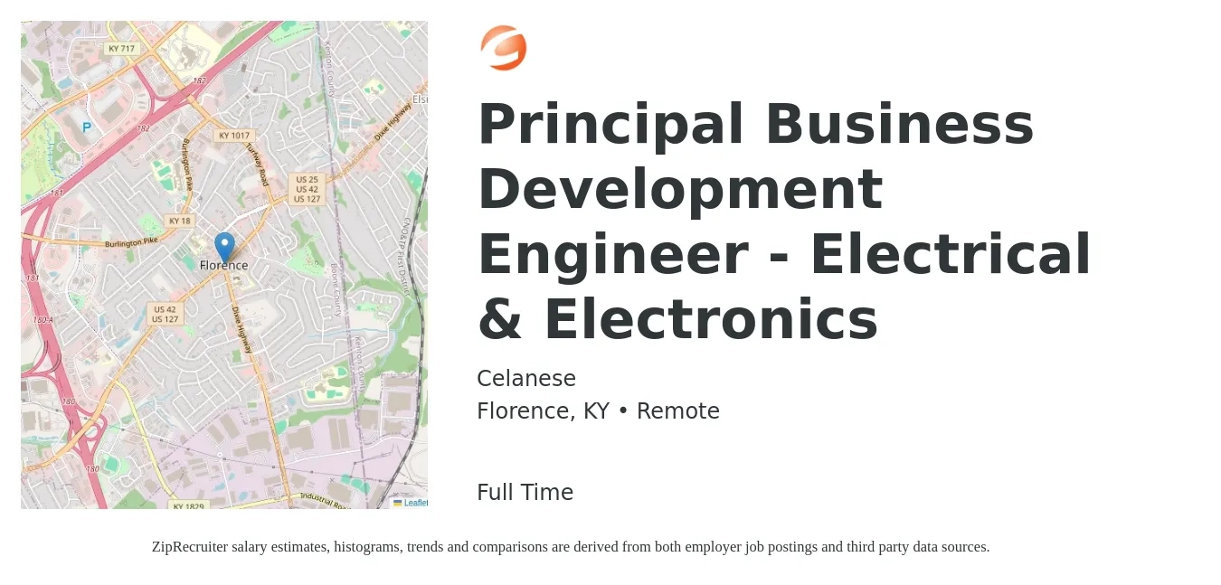 Celanese job posting for a Principal Business Development Engineer - Electrical & Electronics in Florence, KY with a salary of $138,000 to $168,700 Yearly with a map of Florence location.