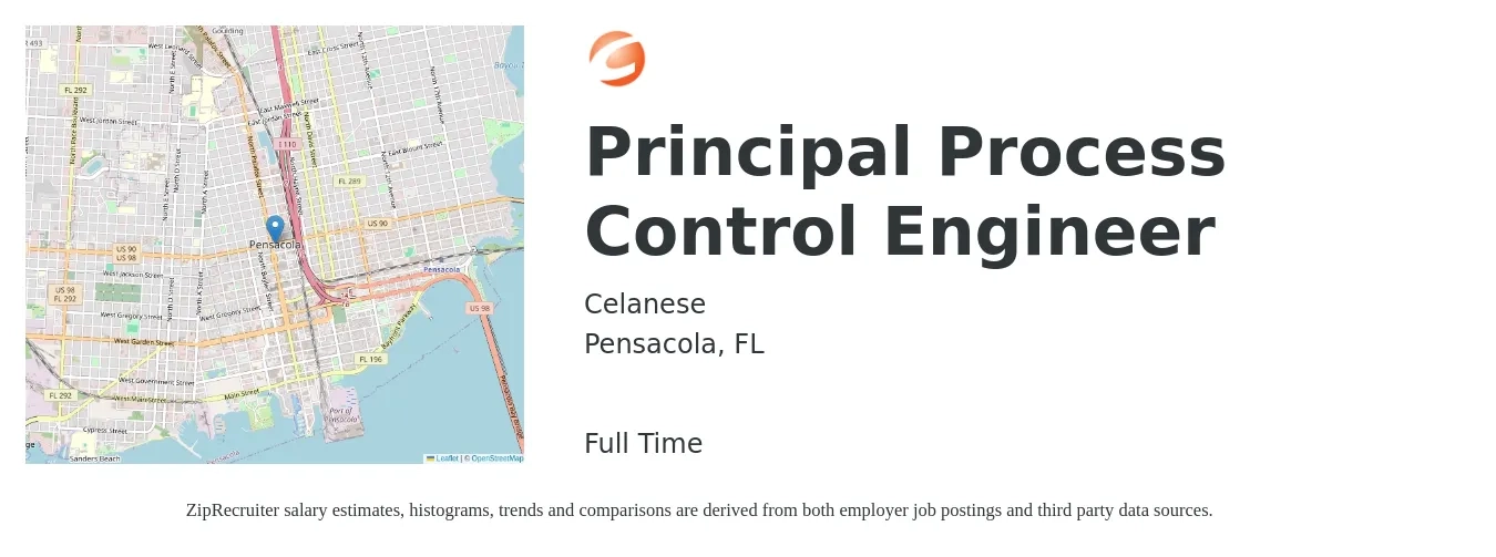 Celanese job posting for a Principal Process Control Engineer in Pensacola, FL with a salary of $71,400 to $110,100 Yearly with a map of Pensacola location.
