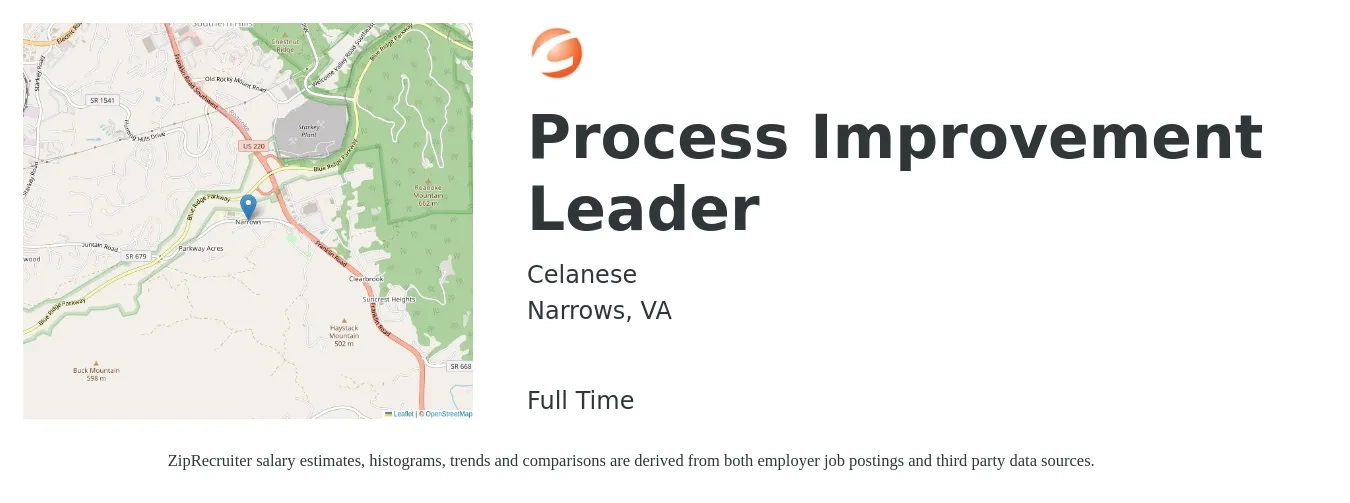 Celanese job posting for a Process Improvement Leader in Narrows, VA with a salary of $110,300 Yearly with a map of Narrows location.