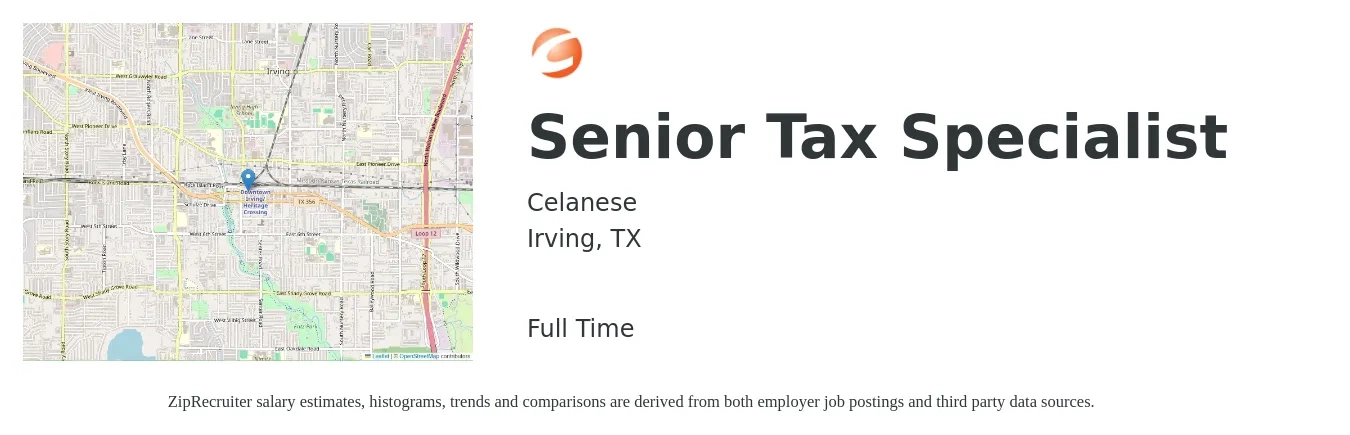 Celanese job posting for a Senior Tax Specialist in Irving, TX with a salary of $66,300 to $66,700 Yearly with a map of Irving location.