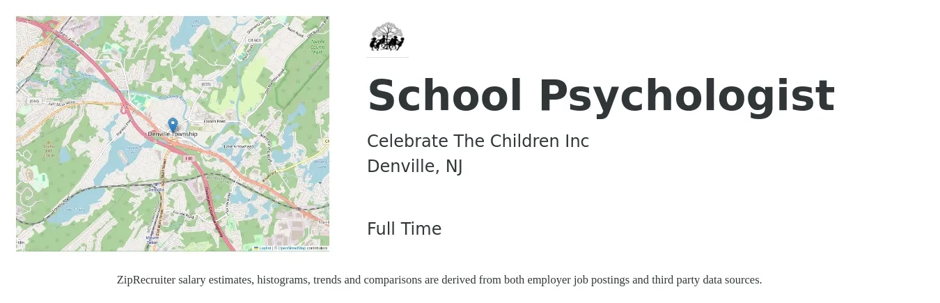 Celebrate The Children Inc job posting for a School Psychologist in Denville, NJ with a salary of $63,800 to $112,200 Yearly with a map of Denville location.