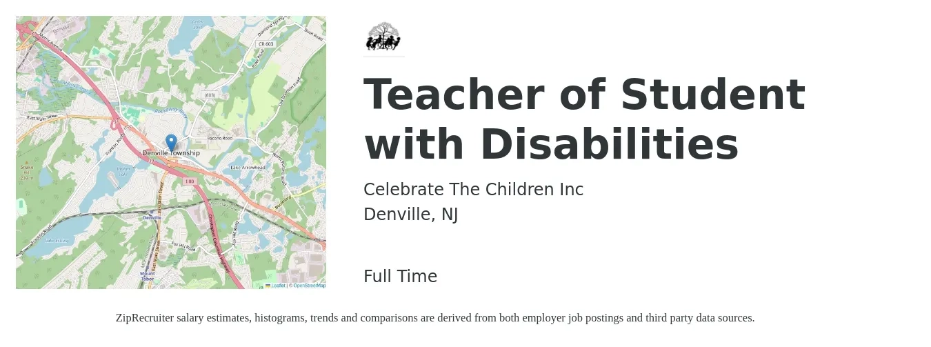 Celebrate The Children Inc job posting for a Teacher of Student with Disabilities in Denville, NJ with a salary of $48,000 to $63,300 Yearly with a map of Denville location.