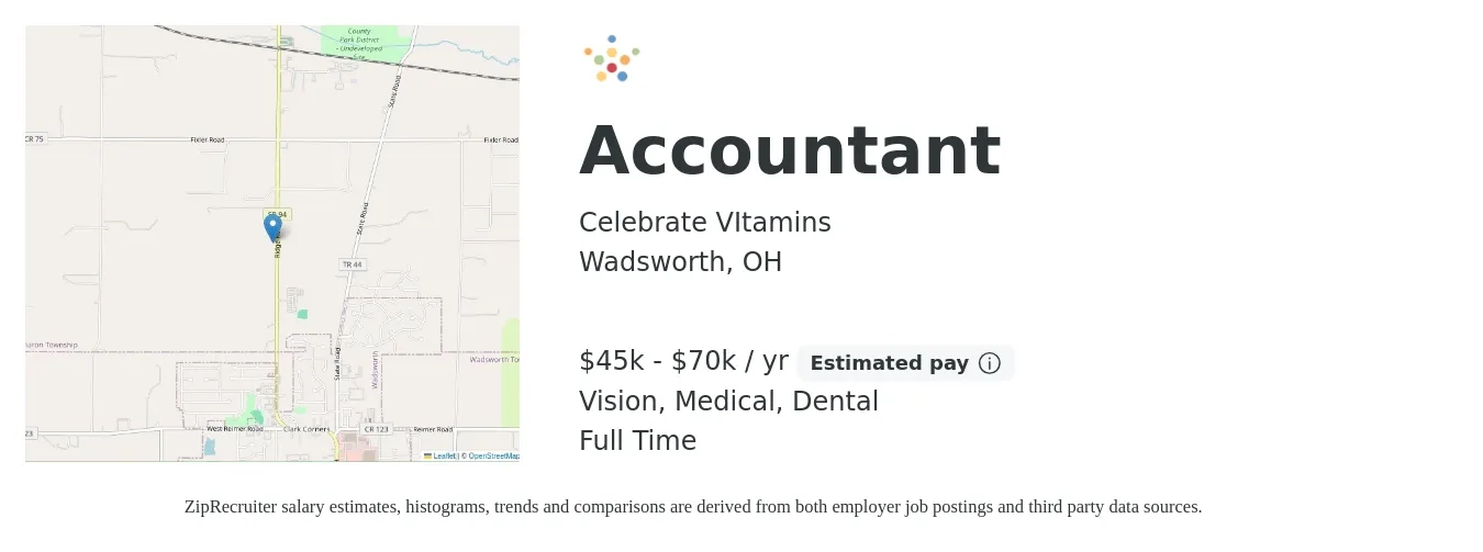 Celebrate VItamins job posting for a Accountant in Wadsworth, OH with a salary of $45,000 to $70,000 Yearly and benefits including dental, medical, pto, retirement, and vision with a map of Wadsworth location.