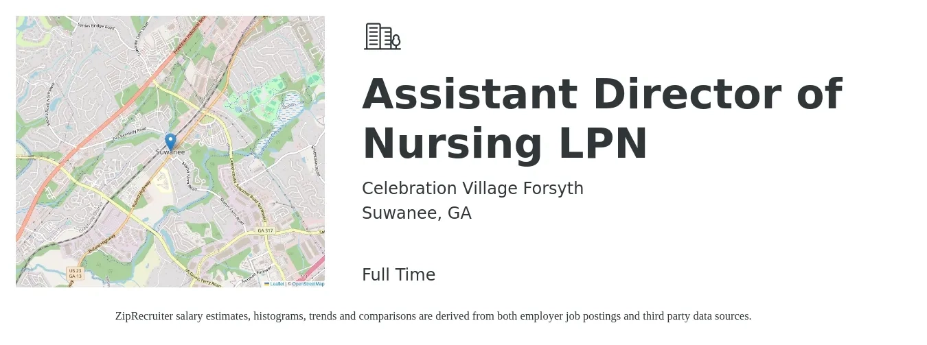 Celebration Village Forsyth job posting for a Assistant Director of Nursing LPN in Suwanee, GA with a salary of $70,700 to $94,000 Yearly with a map of Suwanee location.