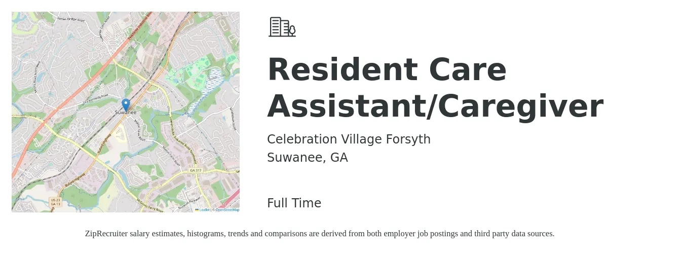 Celebration Village Forsyth job posting for a Resident Care Assistant/Caregiver in Suwanee, GA with a salary of $14 to $18 Hourly with a map of Suwanee location.