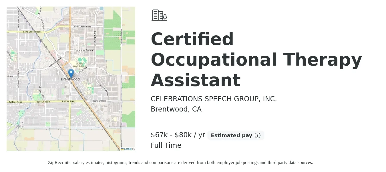 CELEBRATIONS SPEECH GROUP, INC. job posting for a Certified Occupational Therapy Assistant in Brentwood, CA with a salary of $67,000 to $80,000 Yearly with a map of Brentwood location.