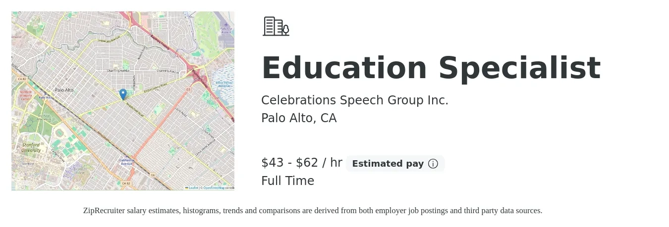 Celebrations Speech Group Inc. job posting for a Education Specialist in Palo Alto, CA with a salary of $45 to $65 Hourly with a map of Palo Alto location.