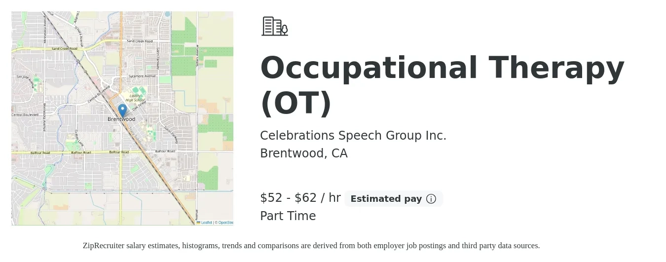 Celebrations Speech Group Inc. job posting for a Occupational Therapy (OT) in Brentwood, CA with a salary of $55 to $65 Hourly with a map of Brentwood location.