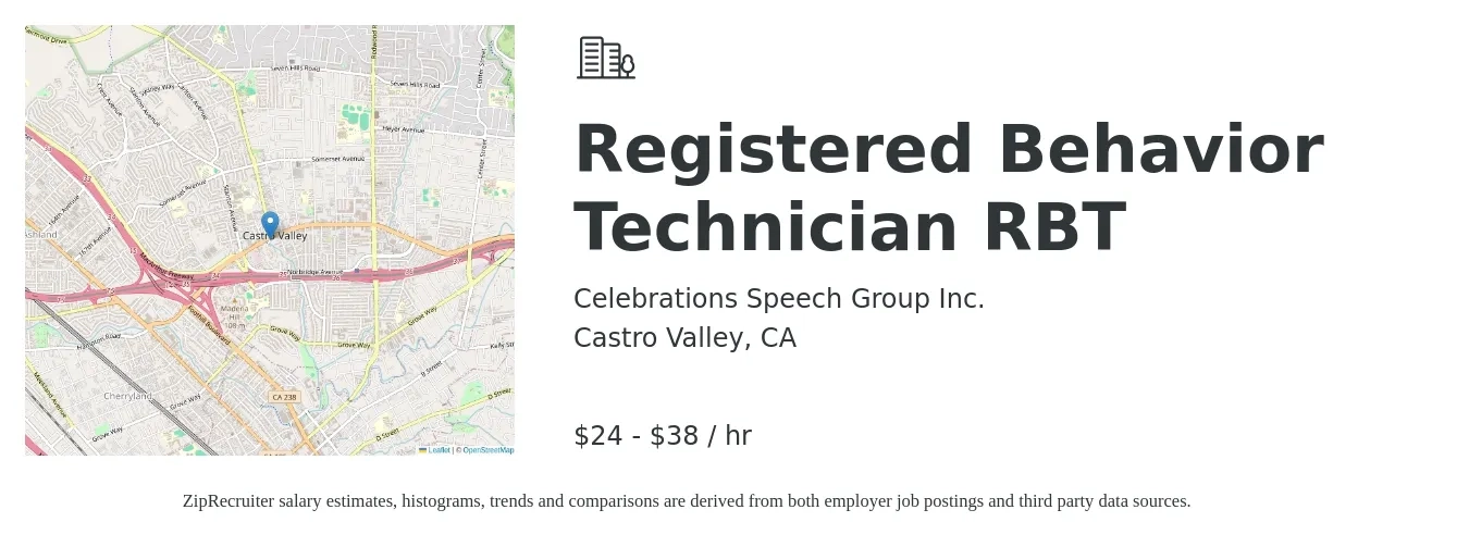 Celebrations Speech Group Inc. job posting for a Registered Behavior Technician RBT in Castro Valley, CA with a salary of $28 to $40 Hourly with a map of Castro Valley location.
