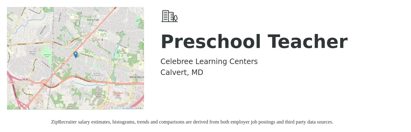 Celebree Learning Centers job posting for a Preschool Teacher in Calvert, MD with a salary of $14 to $19 Hourly with a map of Calvert location.
