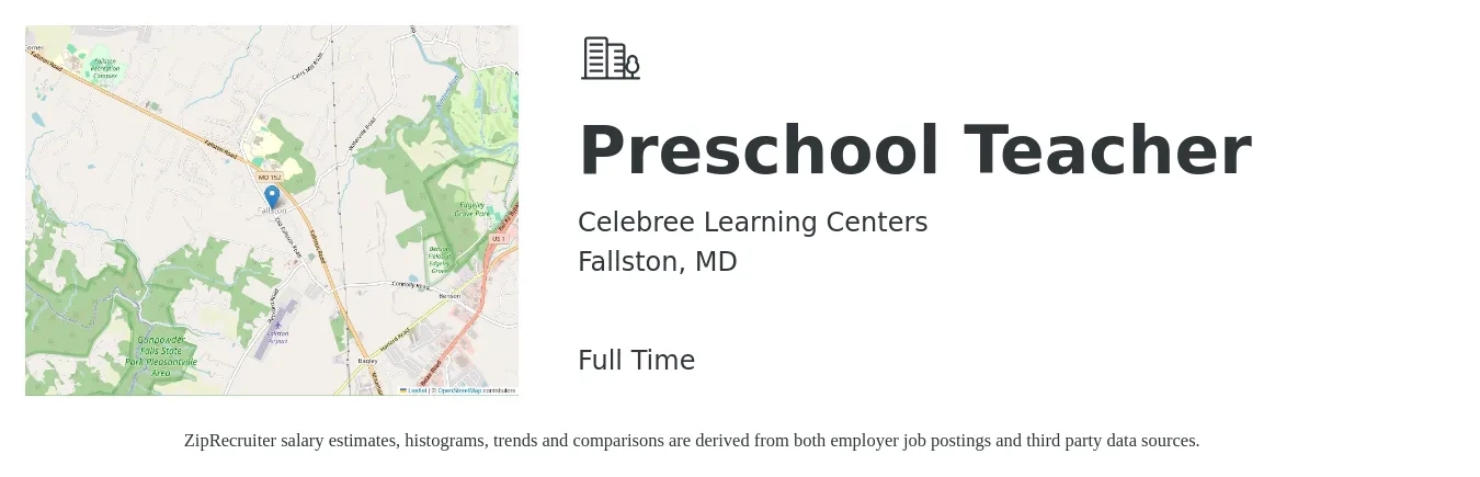 Celebree Learning Centers job posting for a Preschool Teacher in Fallston, MD with a salary of $15 to $20 Hourly with a map of Fallston location.