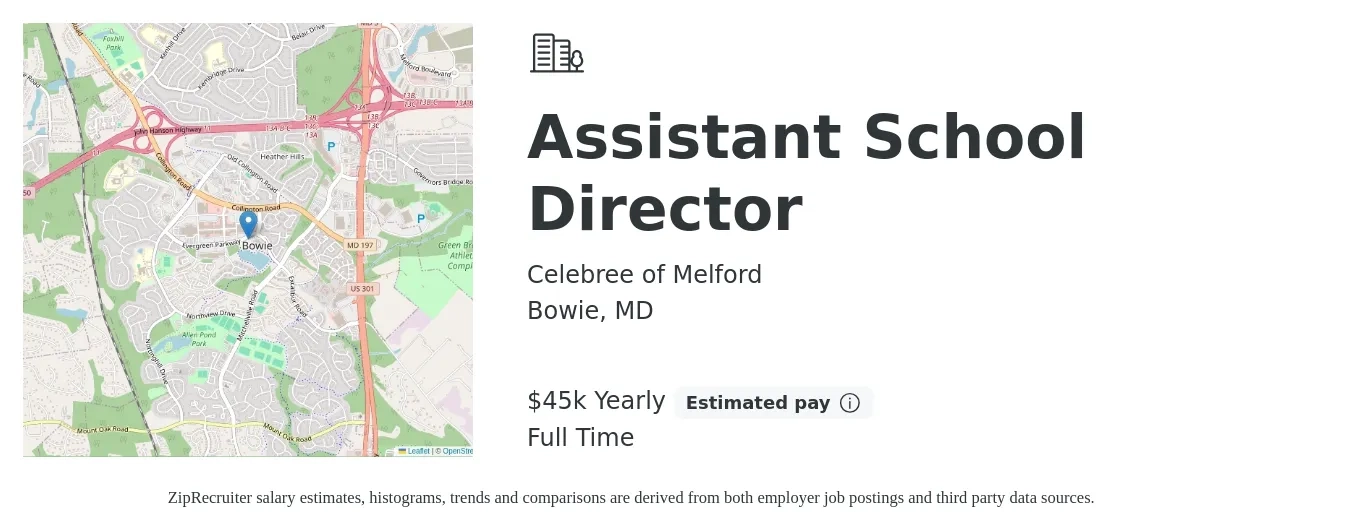 Celebree of Melford job posting for a Assistant School Director in Bowie, MD with a salary of $45,000 Yearly with a map of Bowie location.
