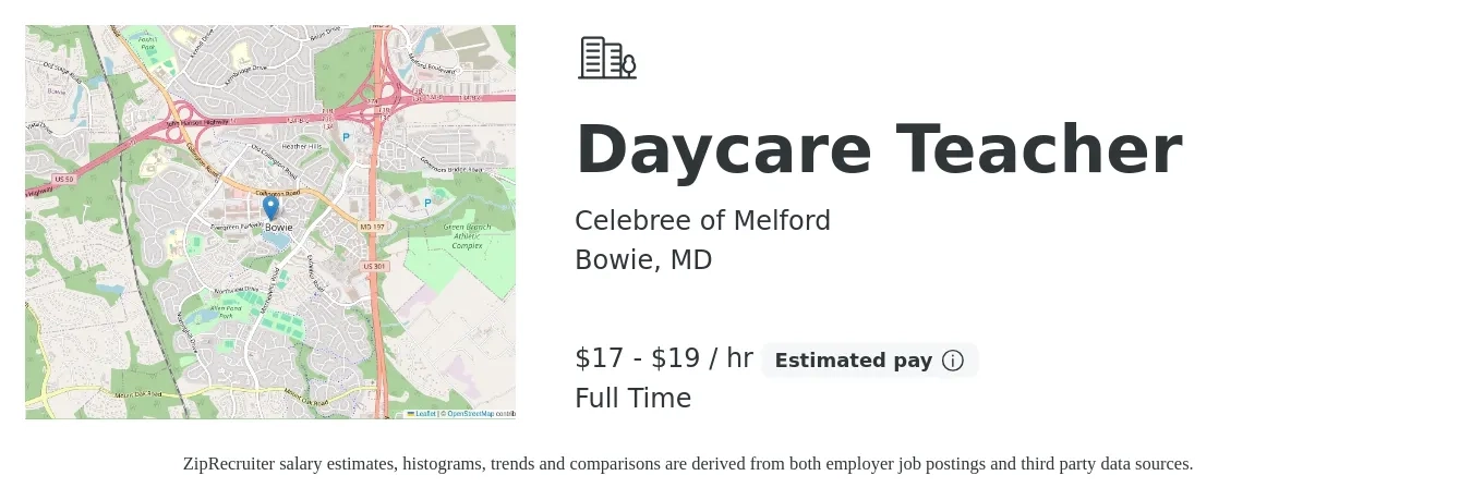 Celebree of Melford job posting for a Daycare Teacher in Bowie, MD with a salary of $18 to $20 Hourly with a map of Bowie location.