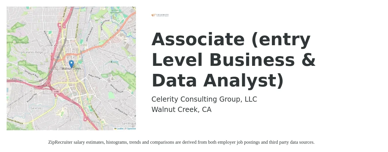 Celerity Consulting Group, LLC job posting for a Associate (entry Level Business & Data Analyst) in Walnut Creek, CA with a salary of $26 to $27 Hourly with a map of Walnut Creek location.