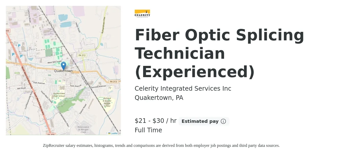 Celerity Integrated Services Inc job posting for a Fiber Optic Splicing Technician (Experienced) in Quakertown, PA with a salary of $22 to $32 Hourly with a map of Quakertown location.
