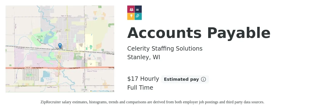 Celerity Staffing Solutions job posting for a Accounts Payable in Stanley, WI with a salary of $18 Hourly with a map of Stanley location.