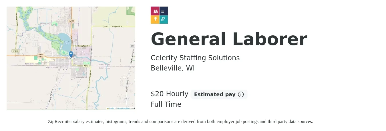 Celerity Staffing Solutions job posting for a General Laborer in Belleville, WI with a salary of $21 Hourly with a map of Belleville location.