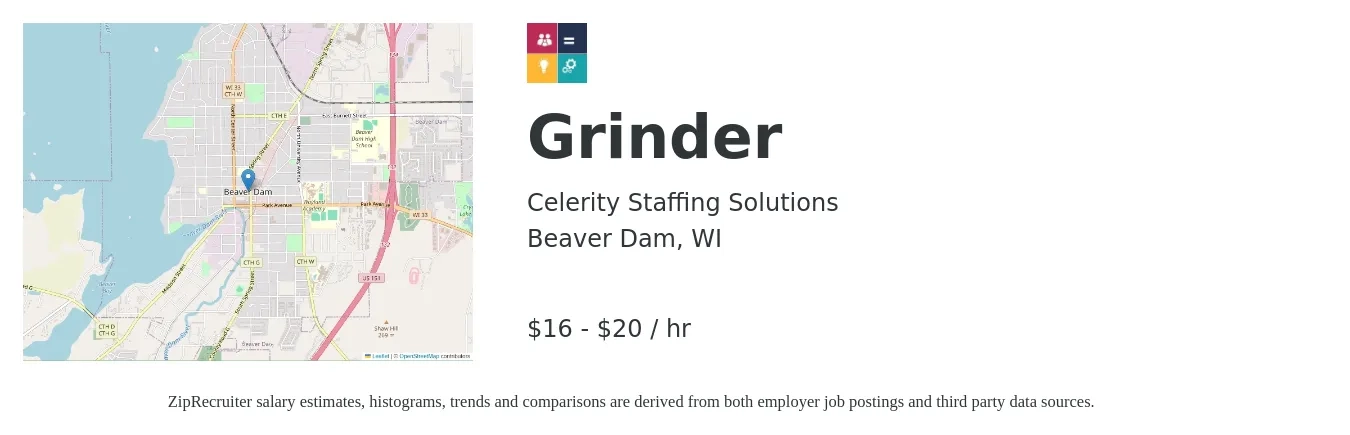 Celerity Staffing Solutions job posting for a Grinder in Beaver Dam, WI with a salary of $17 to $22 Hourly with a map of Beaver Dam location.