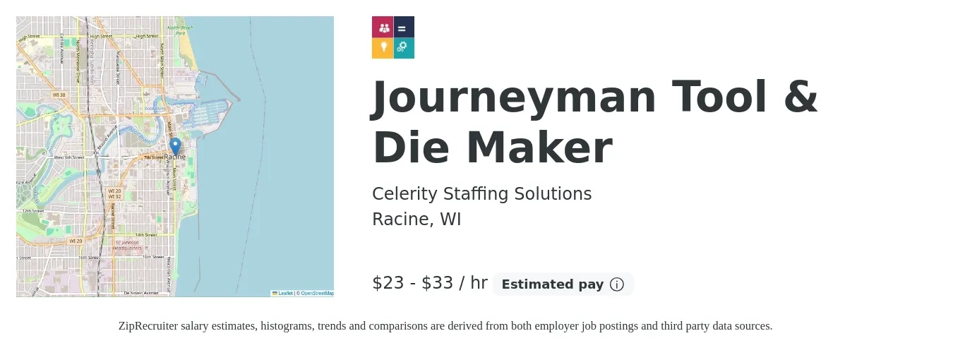 Celerity Staffing Solutions job posting for a Journeyman Tool & Die Maker in Racine, WI with a salary of $24 to $35 Hourly with a map of Racine location.