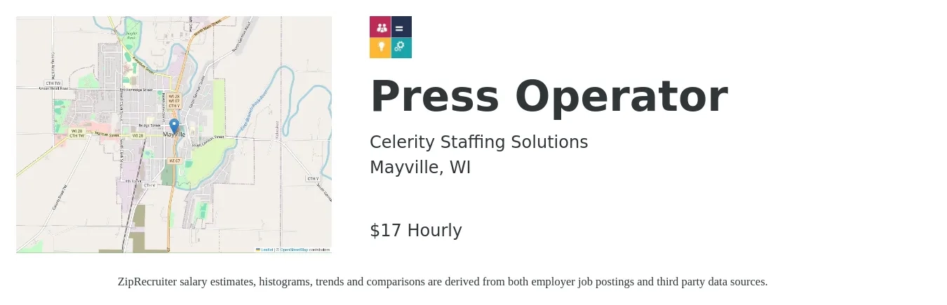 Celerity Staffing Solutions job posting for a Press Operator in Mayville, WI with a salary of $18 Hourly with a map of Mayville location.