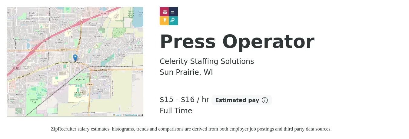 Celerity Staffing Solutions job posting for a Press Operator in Sun Prairie, WI with a salary of $16 to $17 Hourly with a map of Sun Prairie location.